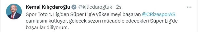 Kılıçdaroğlu, Süper Lig’e çıkan Rizespor’u kutladı
